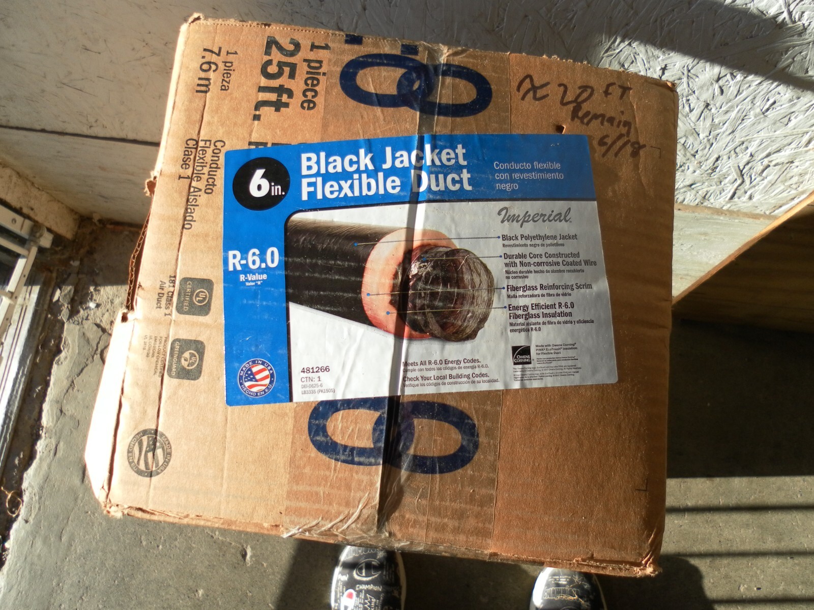 6-in x 20-ft Insulated Polyester Flexible AIR Duct Durable Black Jacket R6 HVAC