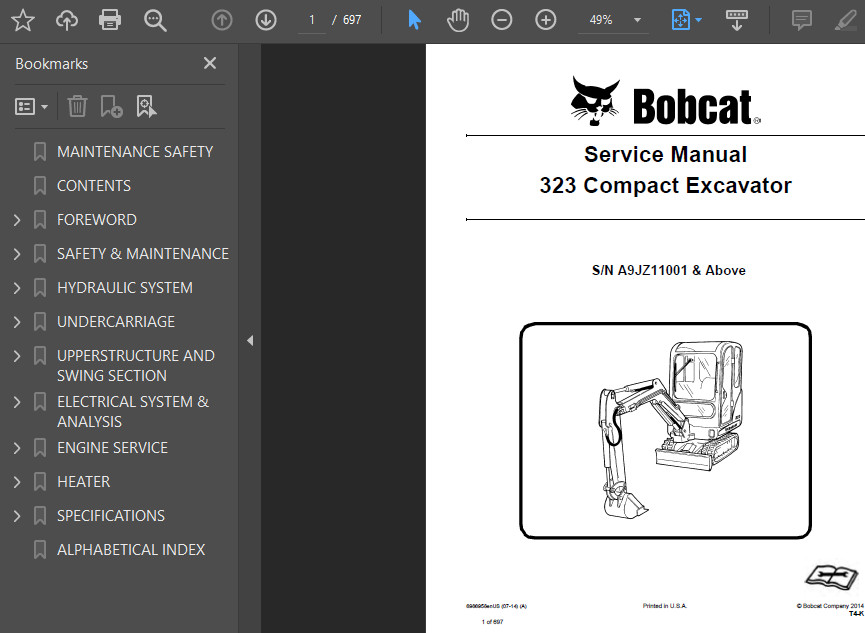 BOBCAT 323 COMPACT EXCAVATOR OPERATORS SERVICE REPAIR OWNERS SHOP MANUAL PDF USB