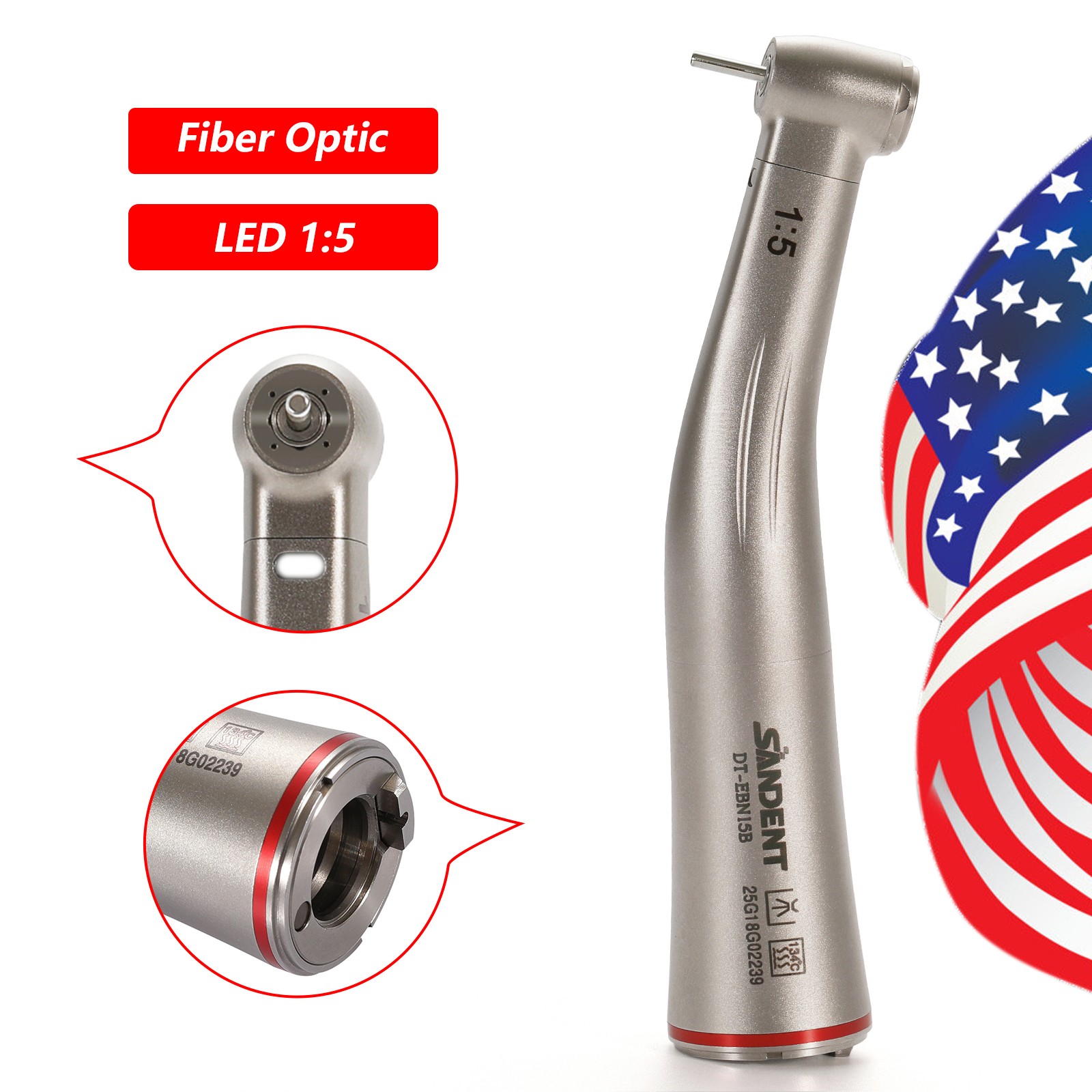 Dental 1:5 Contra Angle Fiber Optic LED Low Speed Handpiece Standard Head