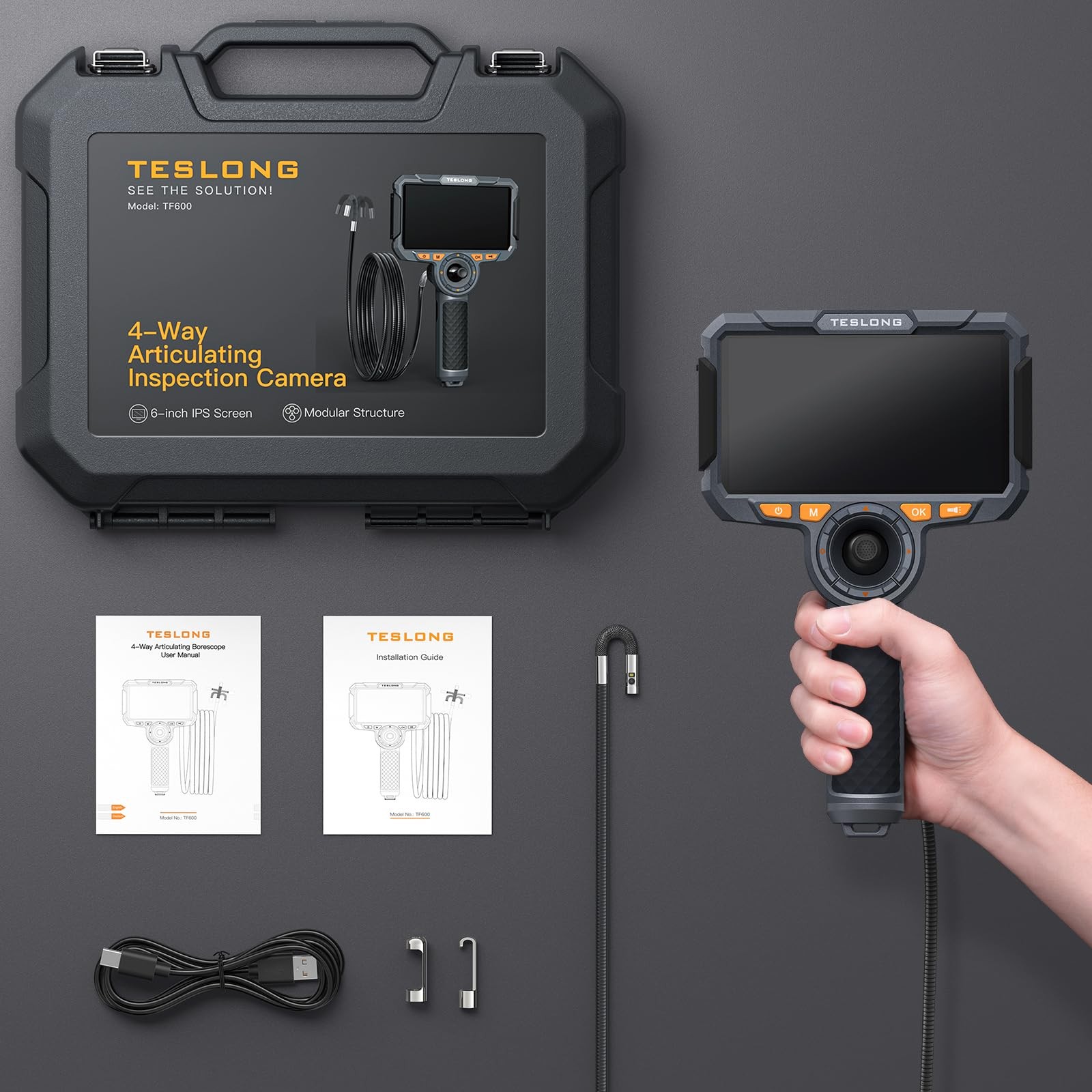 Teslong TF600 4-Way Articulating Borescope with 6-inch IPS LCD HD, black