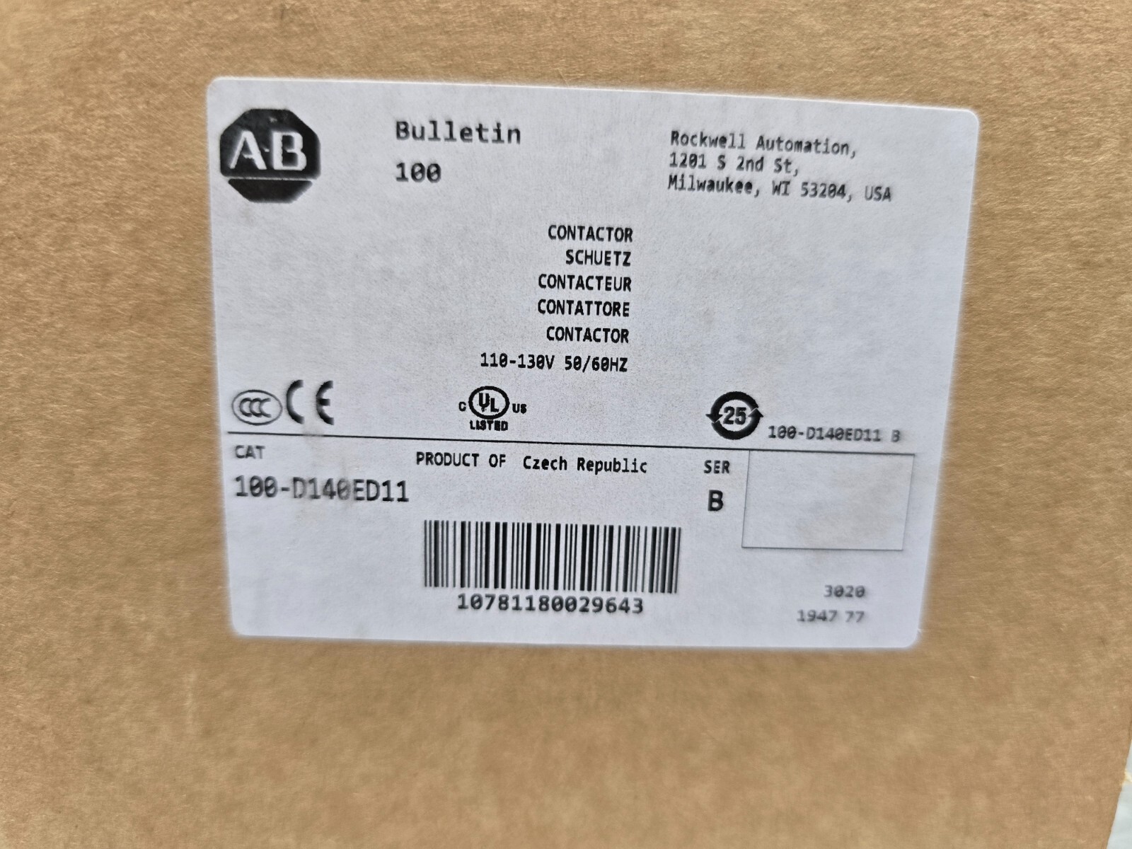 ALLEN BRADLEY 100-D140ED11 140A 600V 135KW CONTACTOR 110-130V-COIL, NEW IN BOX!
