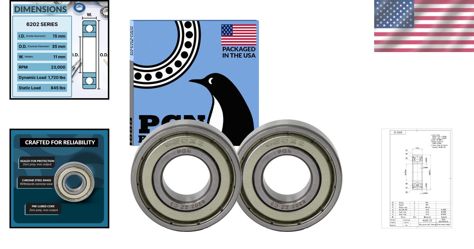 PGN 2 Pack Sealed Ball Bearings – Chrome Steel with High RPM Support 15x35mm