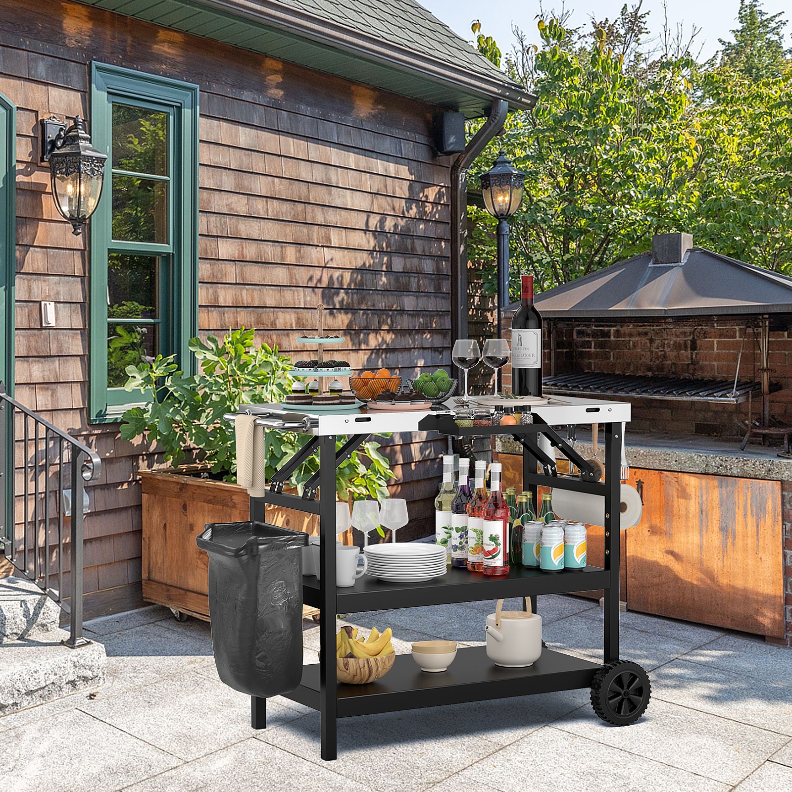 Costway 3-Shelf Movable Grill Cart Table Multifunctional Stainless Steel