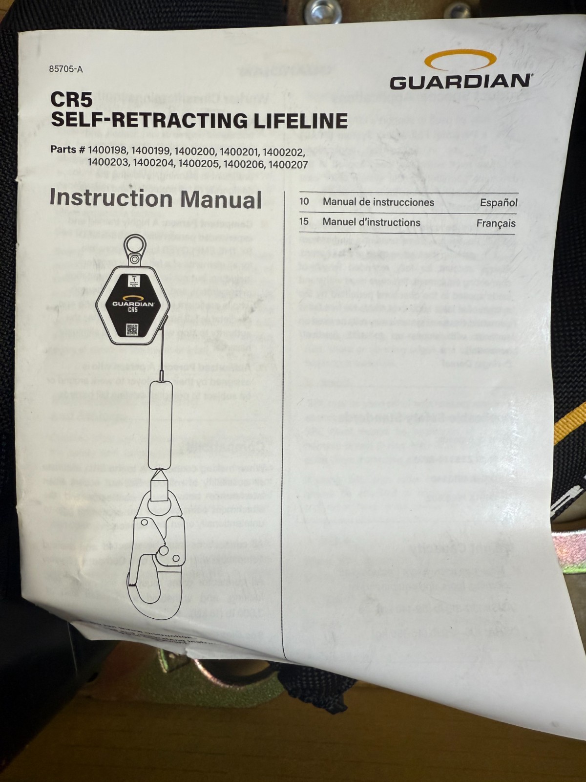 GUARDIAN CR5 Self-Retracting Lifelines Single-Leg, HMPE Webbing Steel Rebar Hook