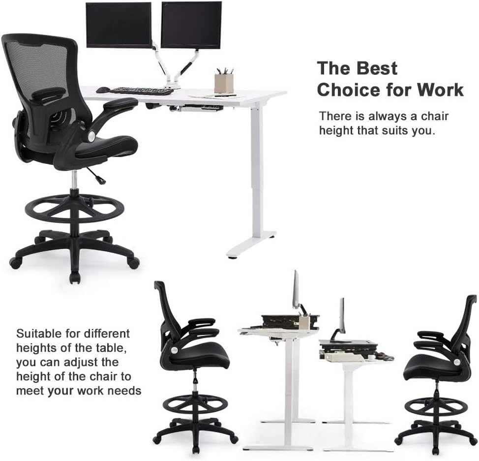 Tall Drafting Office Chair with Back Support & Foot Rest – Mesh and Faux Leather