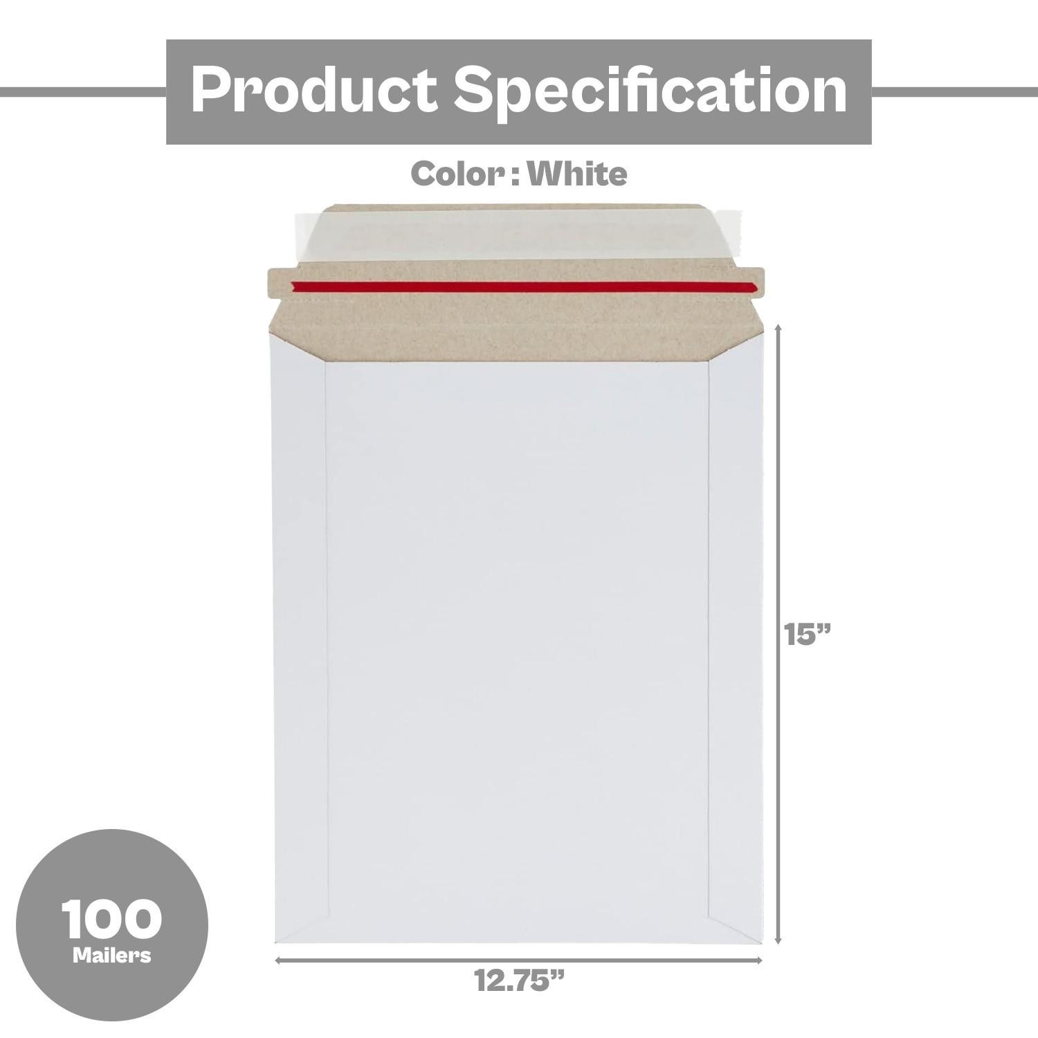 12.75 x 15 Rigid Photo White Cardboard Mailer, Self-Seal Tear Tab-28pt 100 Pack