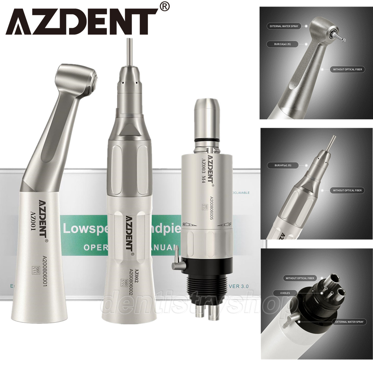 Dental Low Speed Handpiece Kit 4H Contra Angle Straight Air Motor External Spray