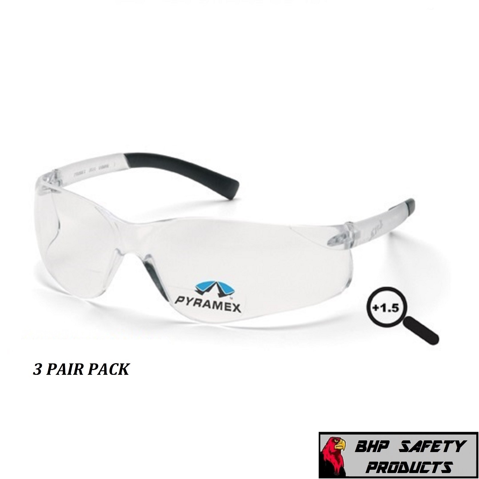 PYRAMEX ZTEK READER SAFETY GLASSES CLEAR BIFOCAL +1.50 LENS S2510R15 (3 PAIR)