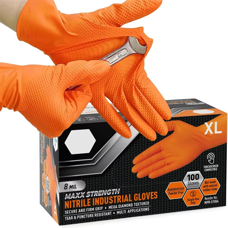 Heavy Duty Orange Nitrile Gloves 8Mil Industrial Disposable Gloves with Diamond