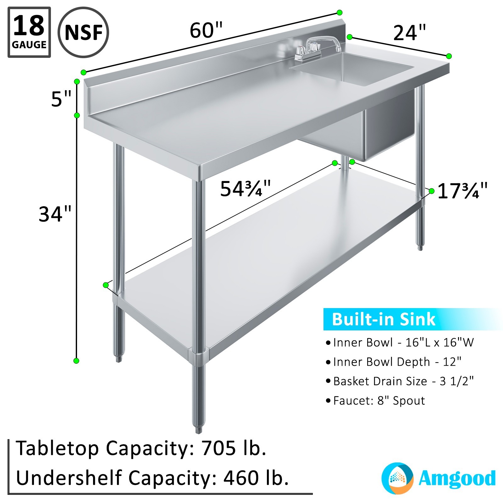 60 in. x 24 in. Stainless Steel Work Table with Built-in Right Prep Sink