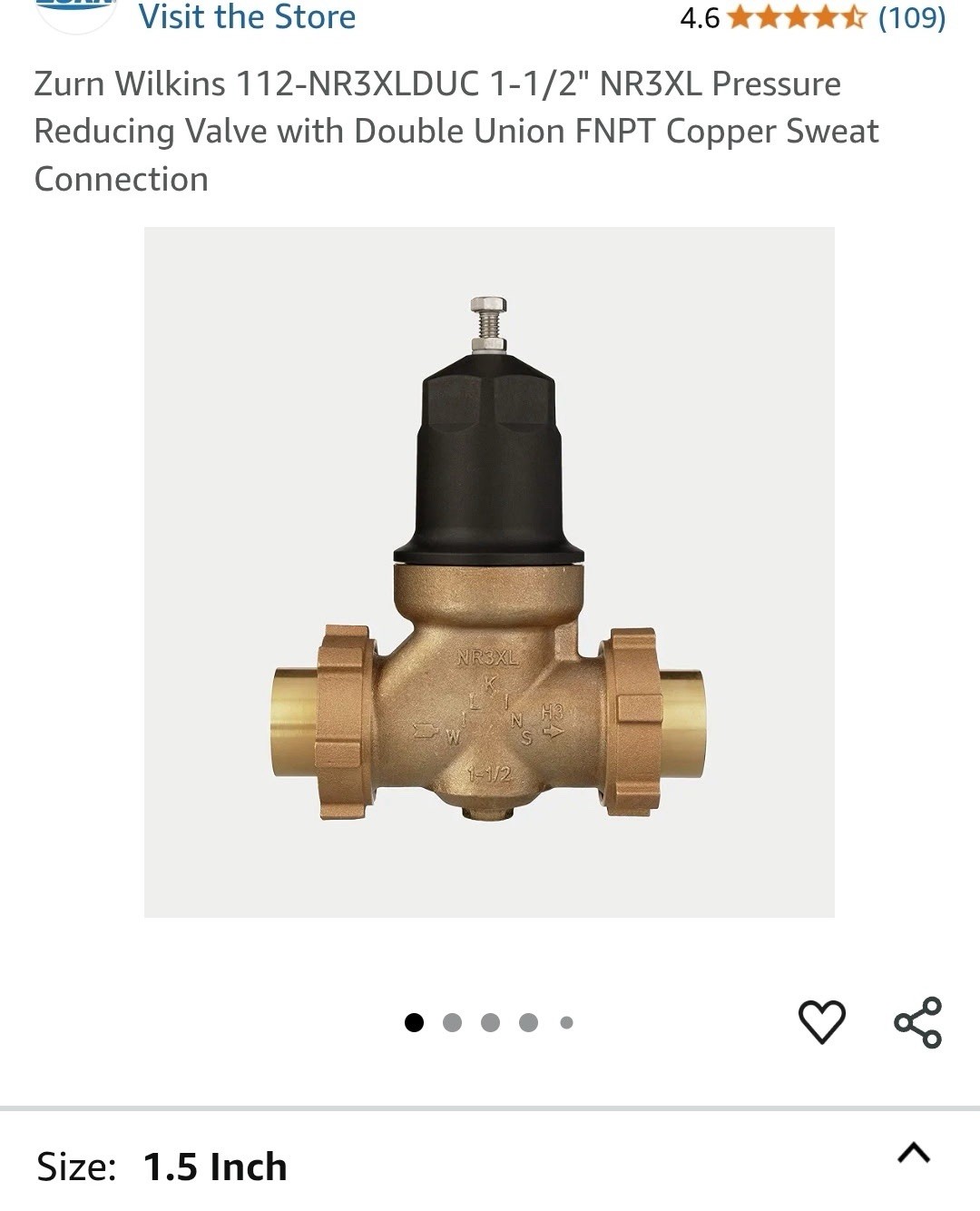 Wilkins 1-1/2” NR3XLDUC Water Pressure Reducing Valve Double Union Connections