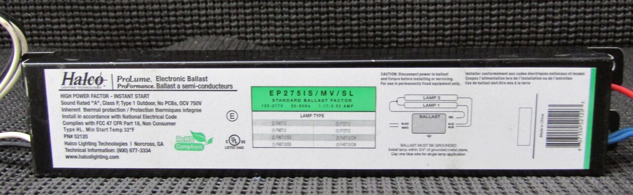 HALCO EP275IS/MV/SL 120/277V 1.17-0.50A INSTANT START BALLAST – NEW NO BOX