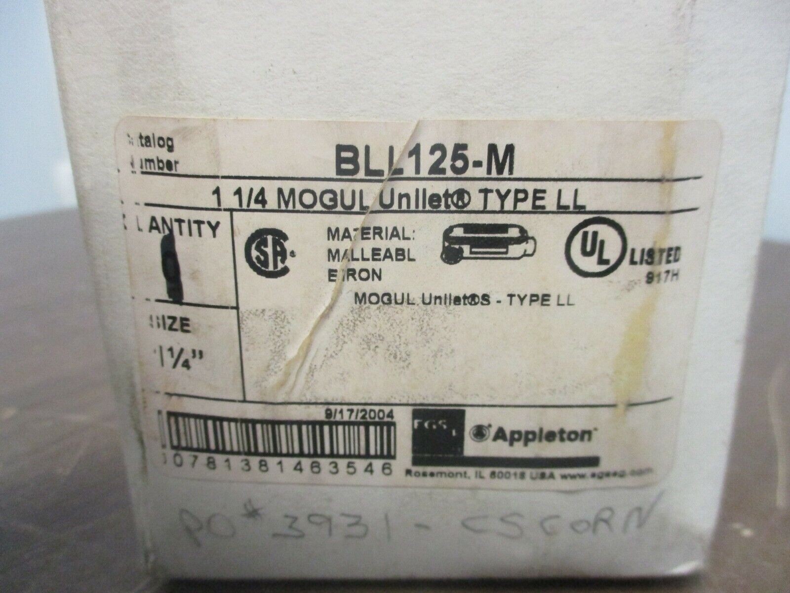 Appleton Unilet Conduit Body BLL125-M Mogul Size: 1-1/4″ New Surplus