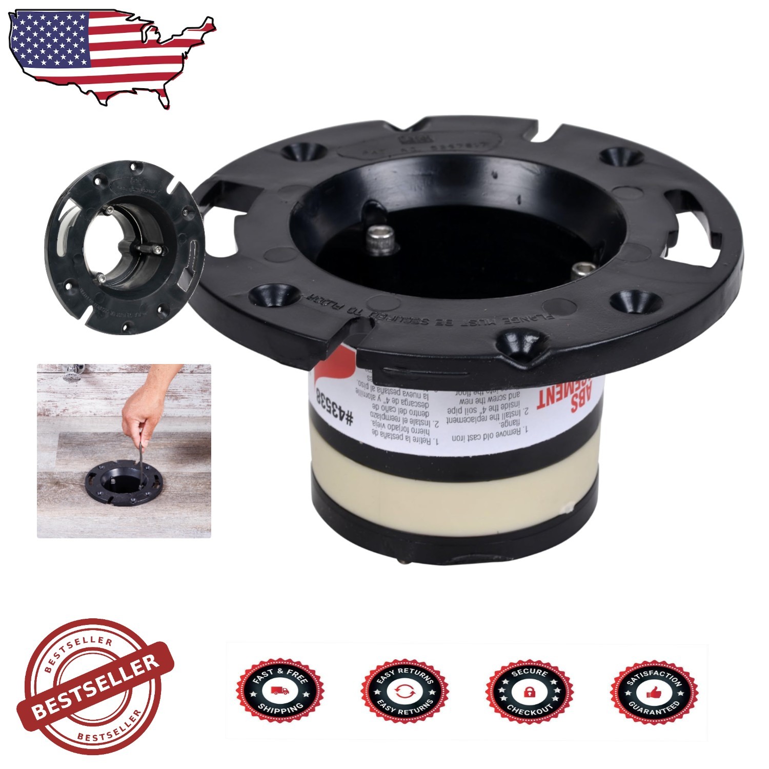 Heavy Duty 4″ Cast Iron Toilet Flange Replacement – Black ABS, Compression Seal