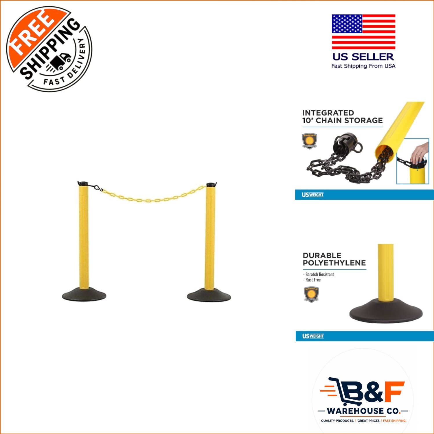 Versatile Yellow Stanchion with 10′ Durable Plastic Chain for Indoor/Outdoor Use