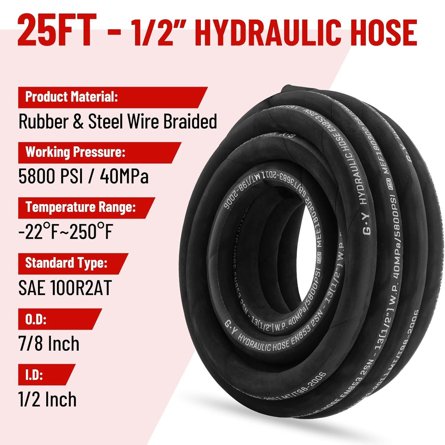 1/2″ 25′ HYDRAULIC HOSE TWO WIRE HOSE FLEXIBLE 40MPa / 5800 PSI WITH 12 FITTINGS