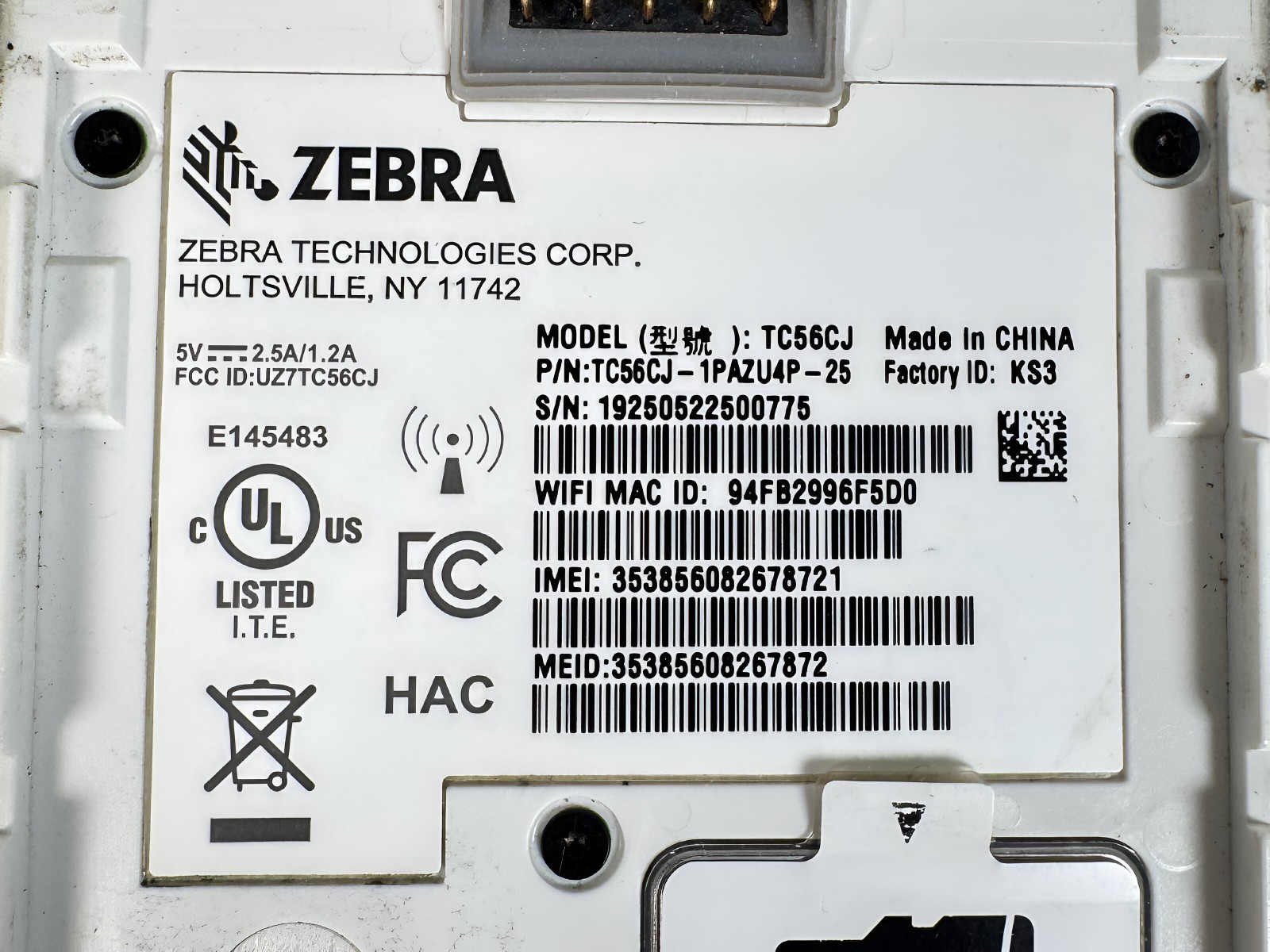 Zebra TC56CJ-1PAZU4P-25 2D Barcode Scanner w/ OEM Charger Cradle & Power Supply