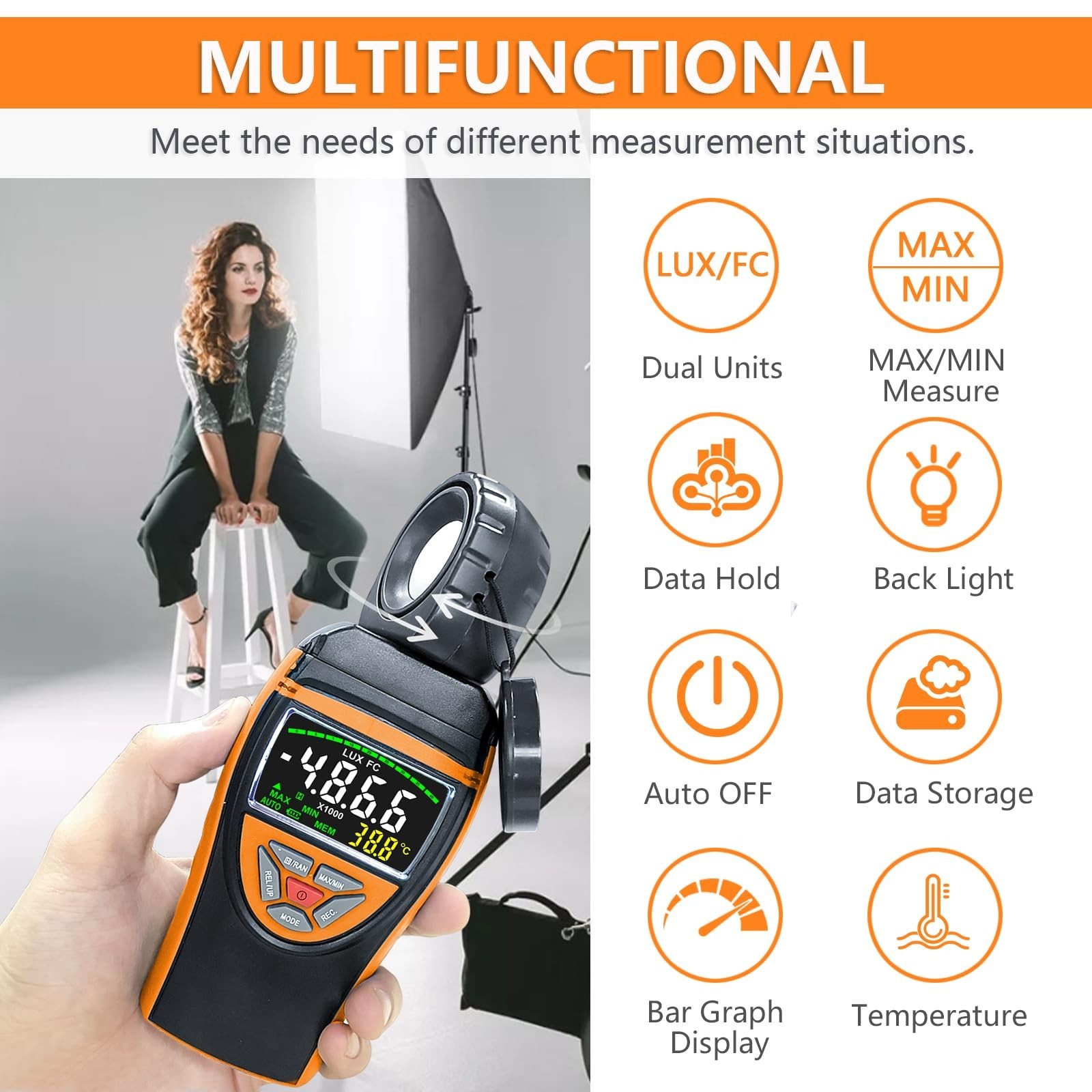 HOLDPEAK Light Meter, Digital Lux Meter 0.1-400,000 Lux, 270º Rotatable Det