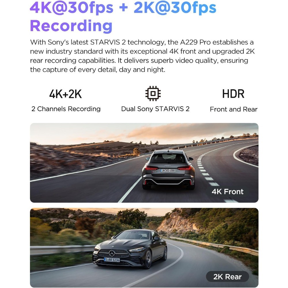 VIOFO A229 Pro 4K HDR Dash Cam, 4K+2K Front & Rear Dual-Channel Recording