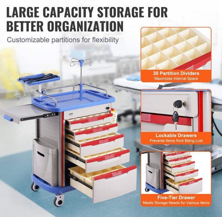 VEVOR 5 Tier Lab Cart – Mobile Medical Cart with 5 Drawers, IV Pole, Back Board