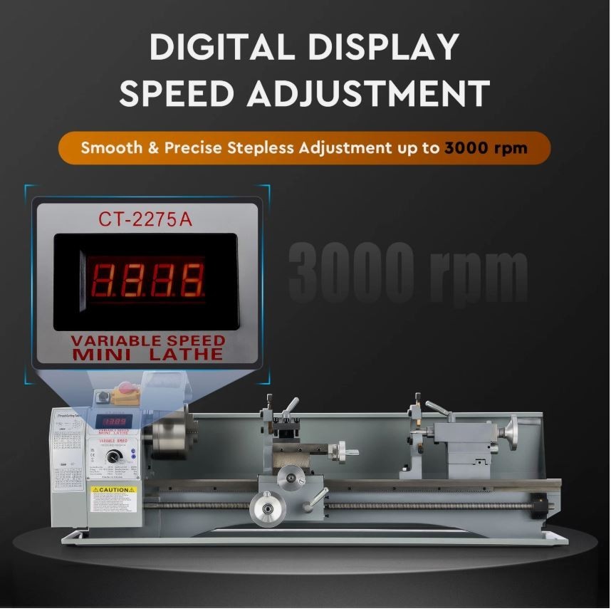 9×30″ Mini Metal Lathe 1100W DC Motor 3-Jaw Chuck LCD Display Metalworking