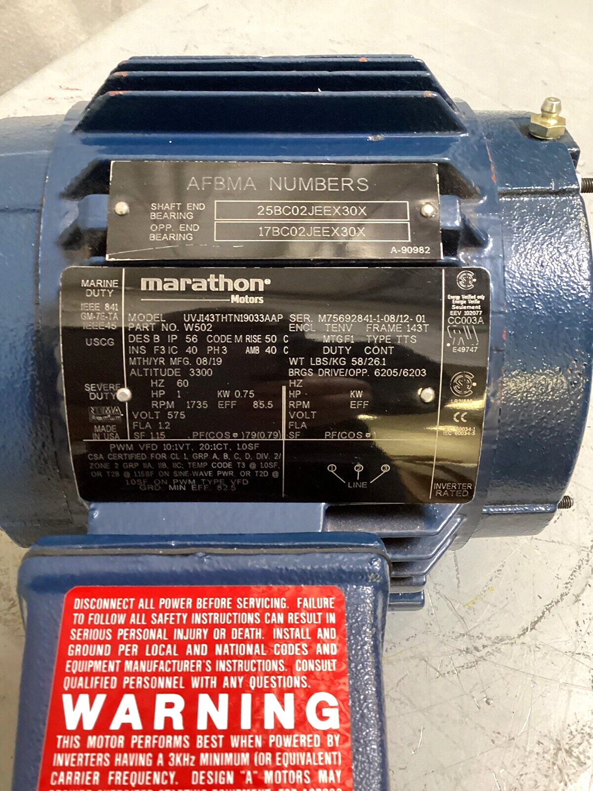 MARATHON MOTORS 143THTN19033 General Purpose Motor 1 HP 3-Phase 1,735 RPM 575V