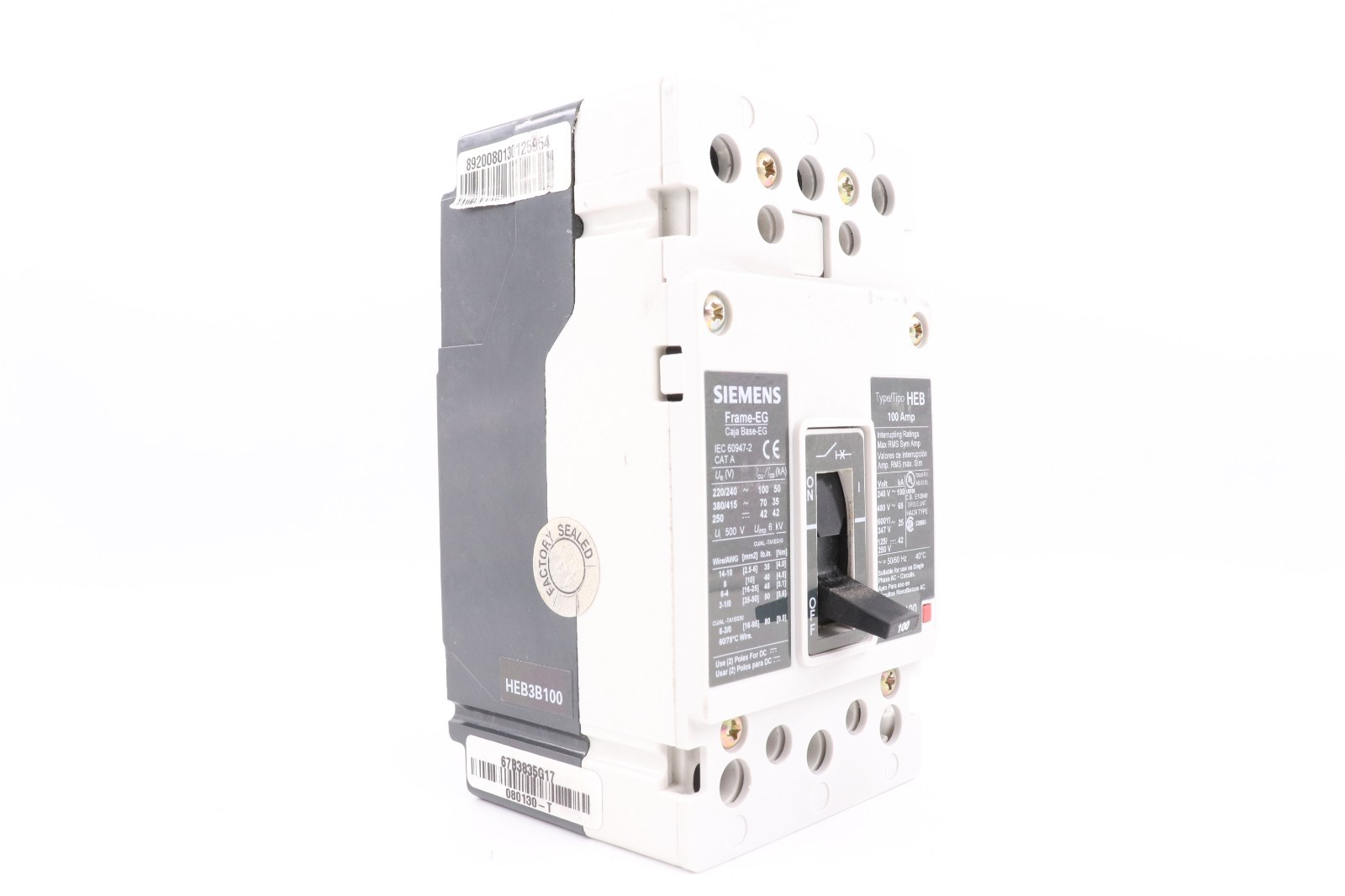 SIEMENS HEB3B100 100A 3-POLE HEB CIRCUIT BREAKER, 65KA@480V HACR