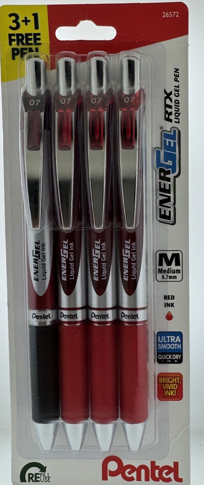 4 Pentel EnerGel RTX MEDIUM 0.7mm RED INK LIQUID GEL PENS 26572 3 + bonus