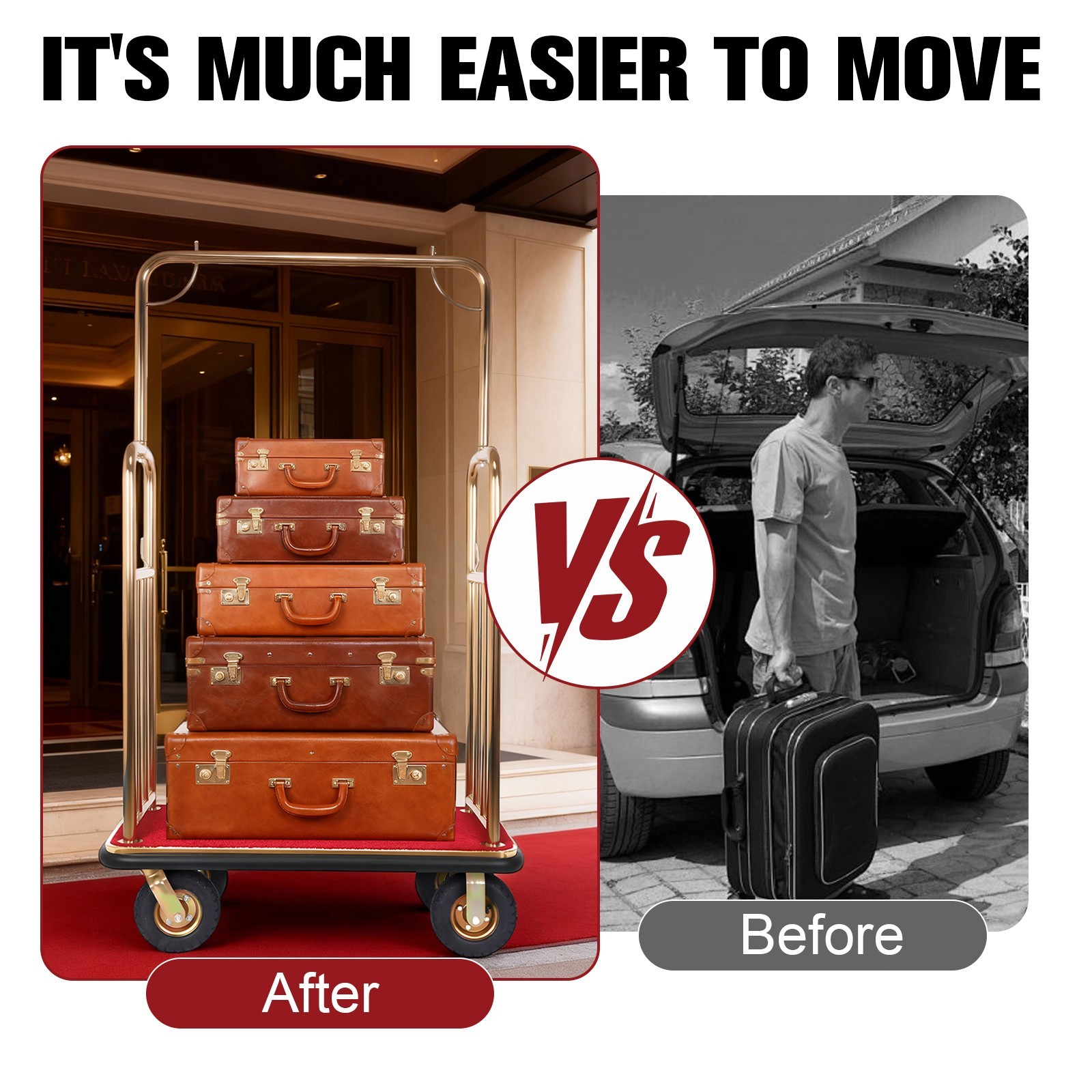 Hotel Luggage Cart 1200 lbs Capacity Stainless Steel Bellman Cart with 8″ Wheels