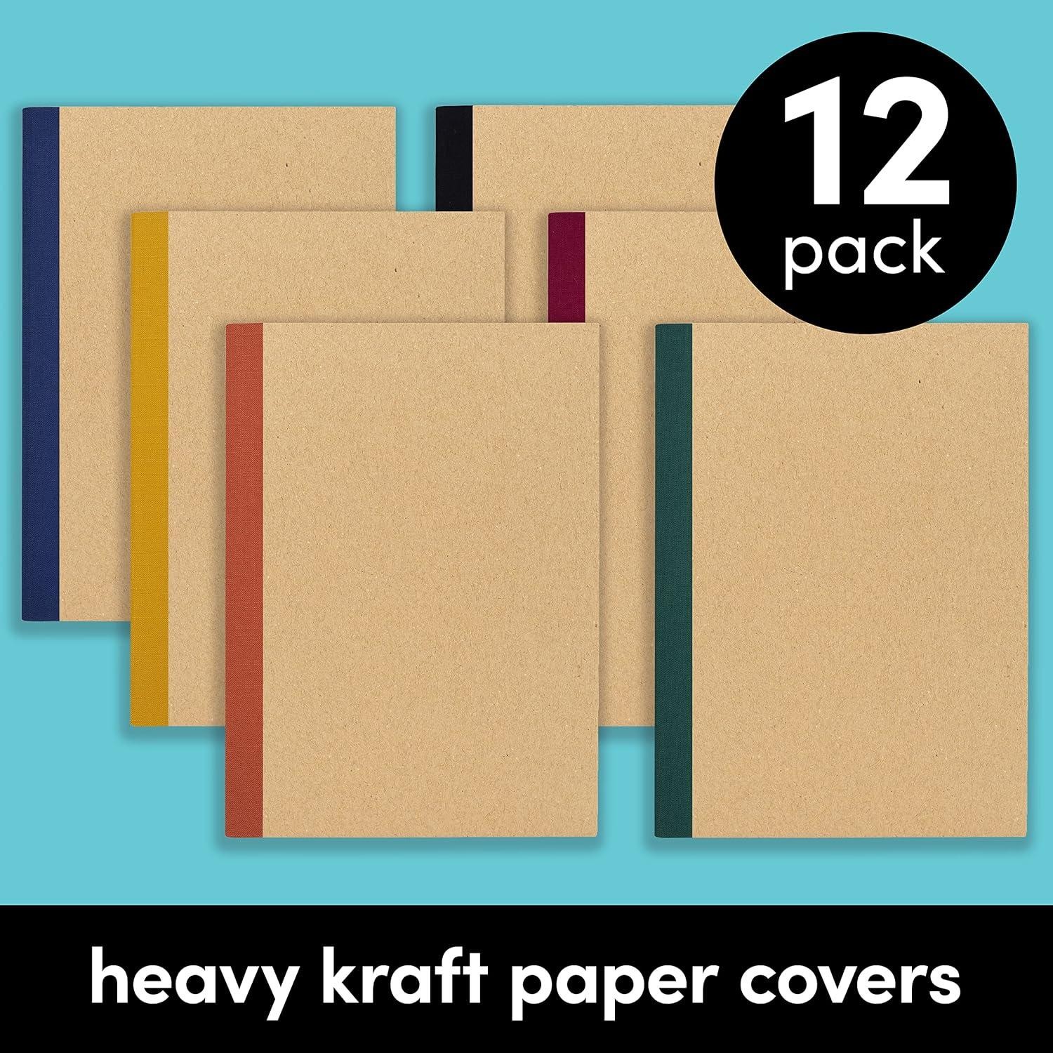 12-Pack Composition Notebook Journals, 120 Pages, Kraft Cover with Jewel Tone Sp