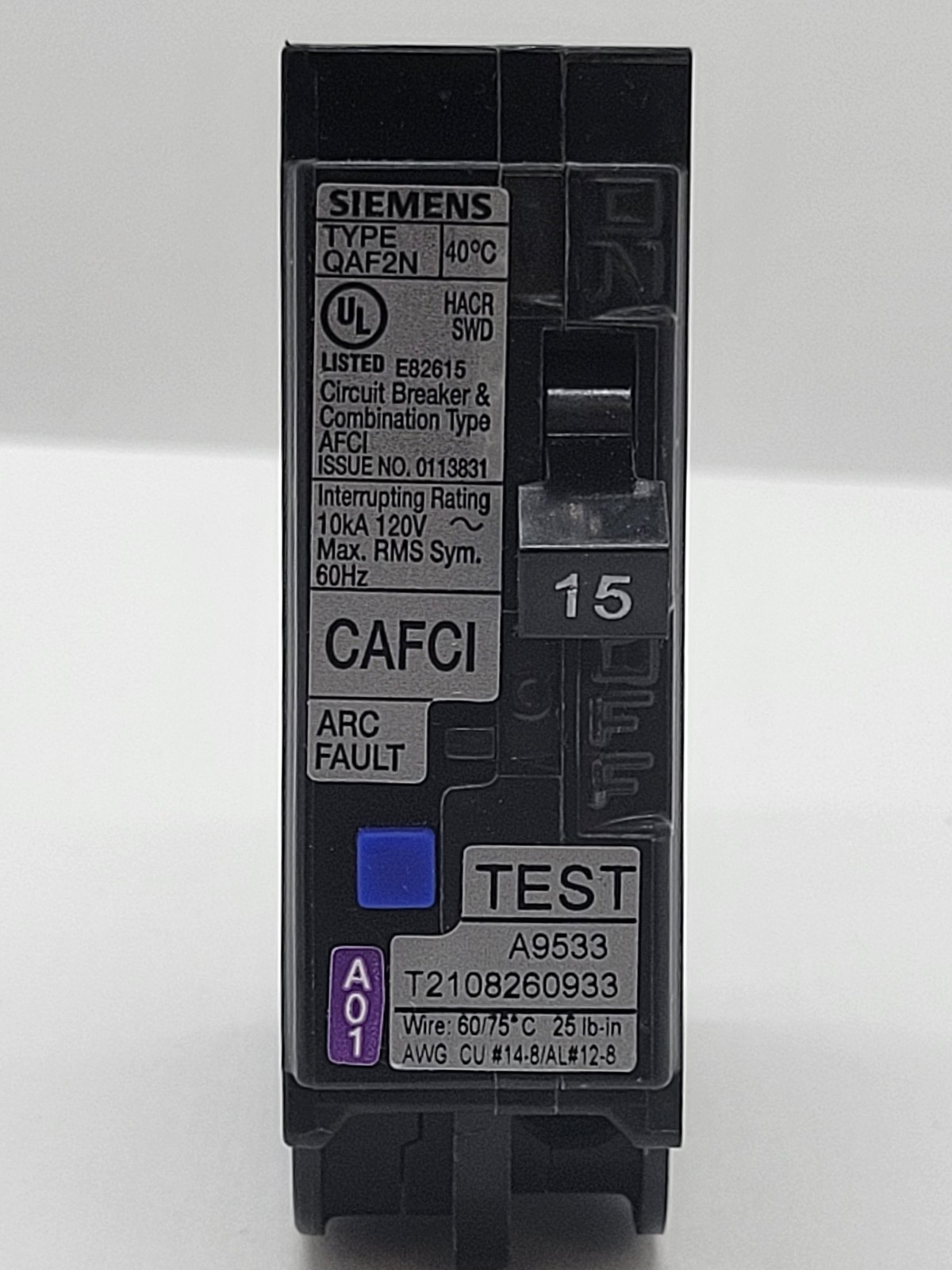 Siemens QA115AFCN Plug-In Circuit Breaker 15A 1P 120V 10KA AFCI CAFCI