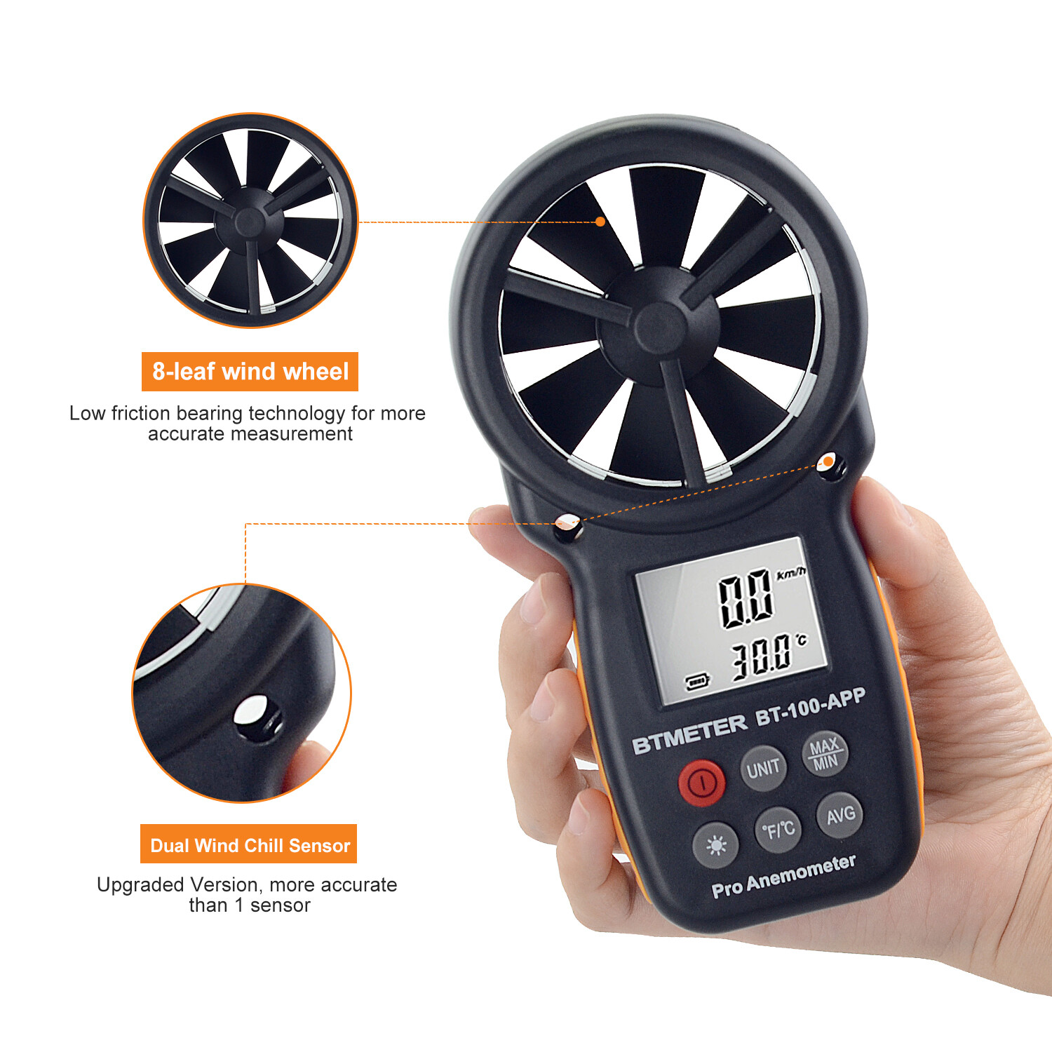 BTMETER Wind Speed Meter Handheld Anemometer Air Flow MAX/MIN/AVG Temperature