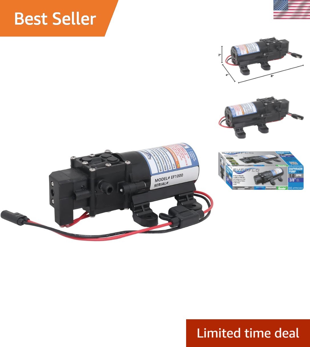 EF1000-BOX 12V Diaphragm Pump with 3/8″ Hose Barb Ports, 1.0 Gpm