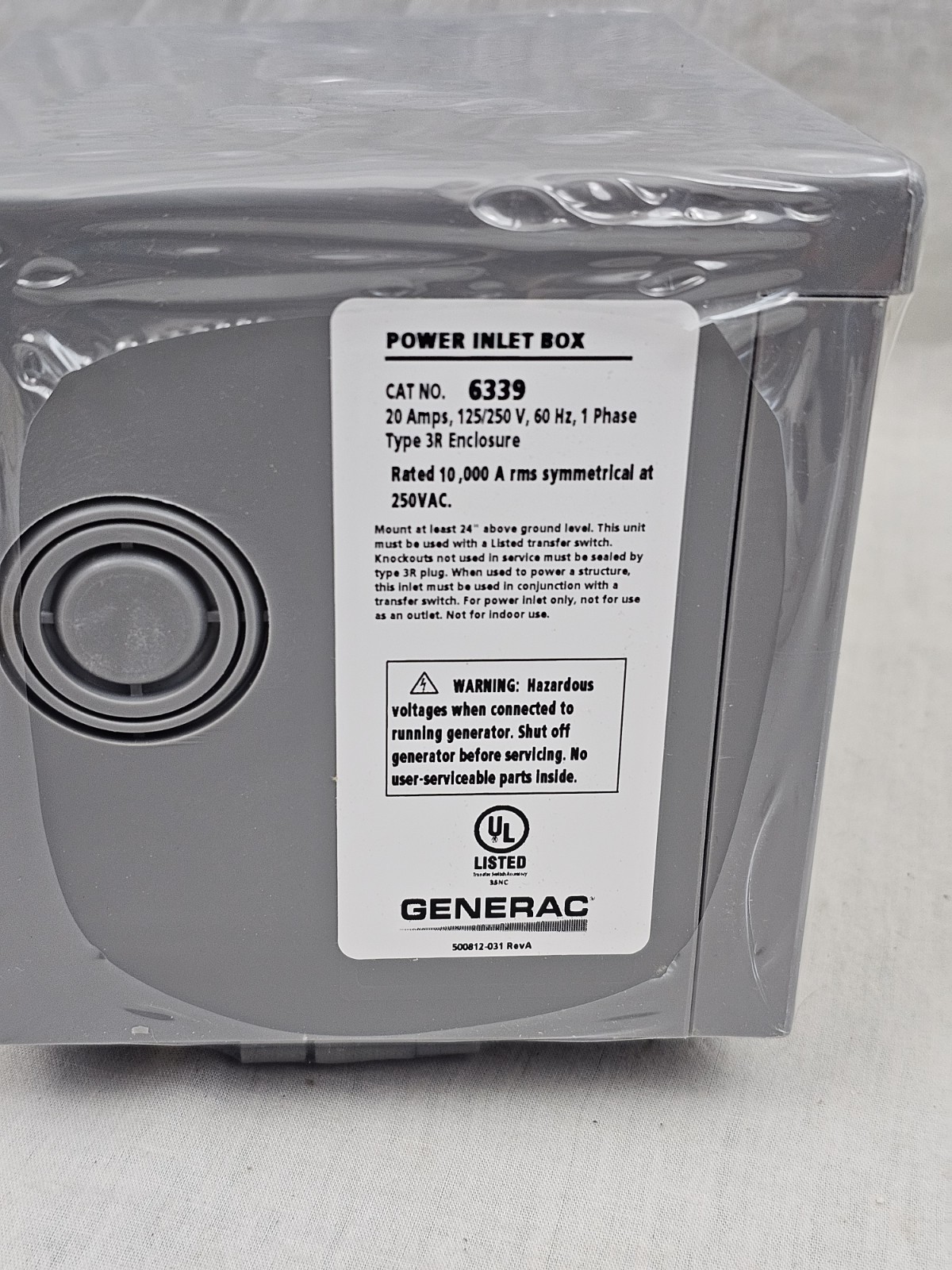 NEW GENERAC POWER INLET BOX 6339 Reliance Controls 20-Amp Power Flip lid