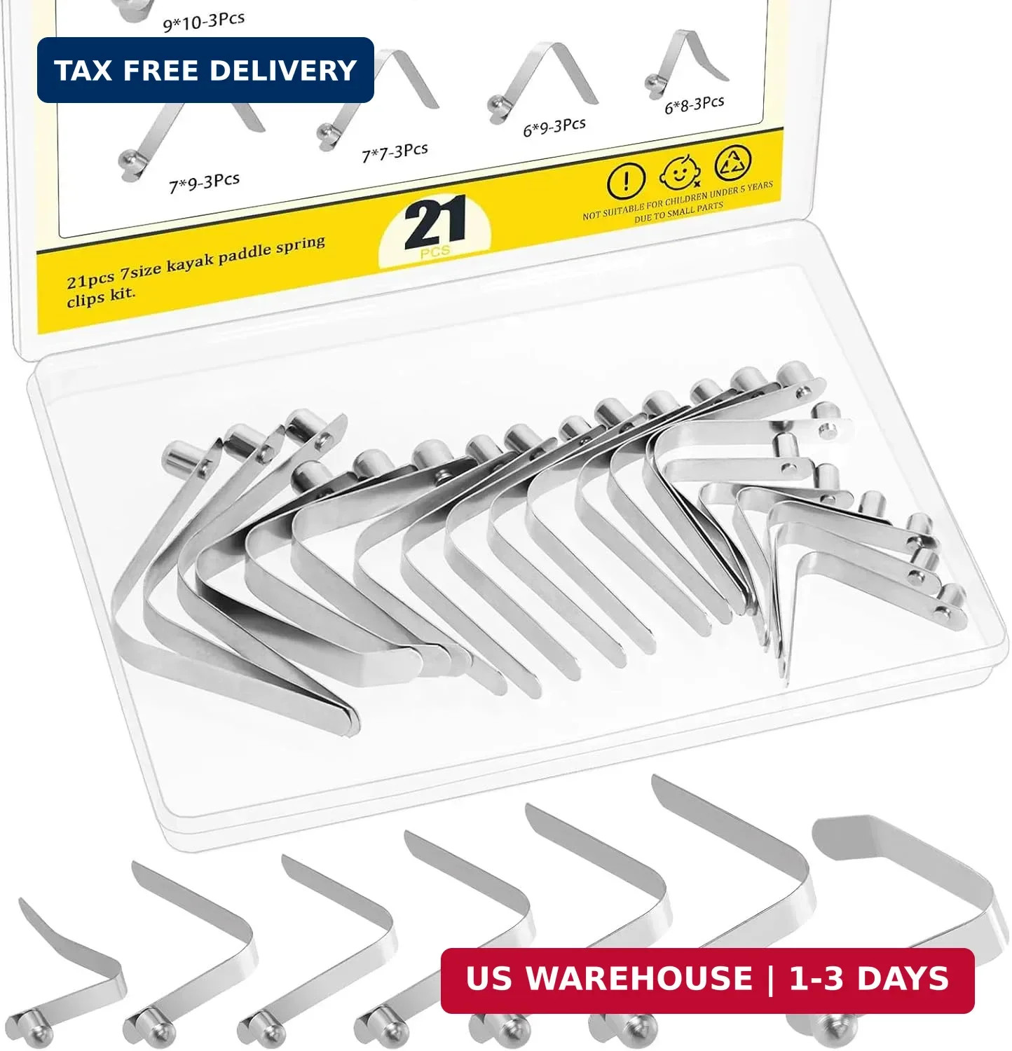21PCS 7 Sizes Push Button Spring Clips Kit, Stainless Steel Push Button Clips, V