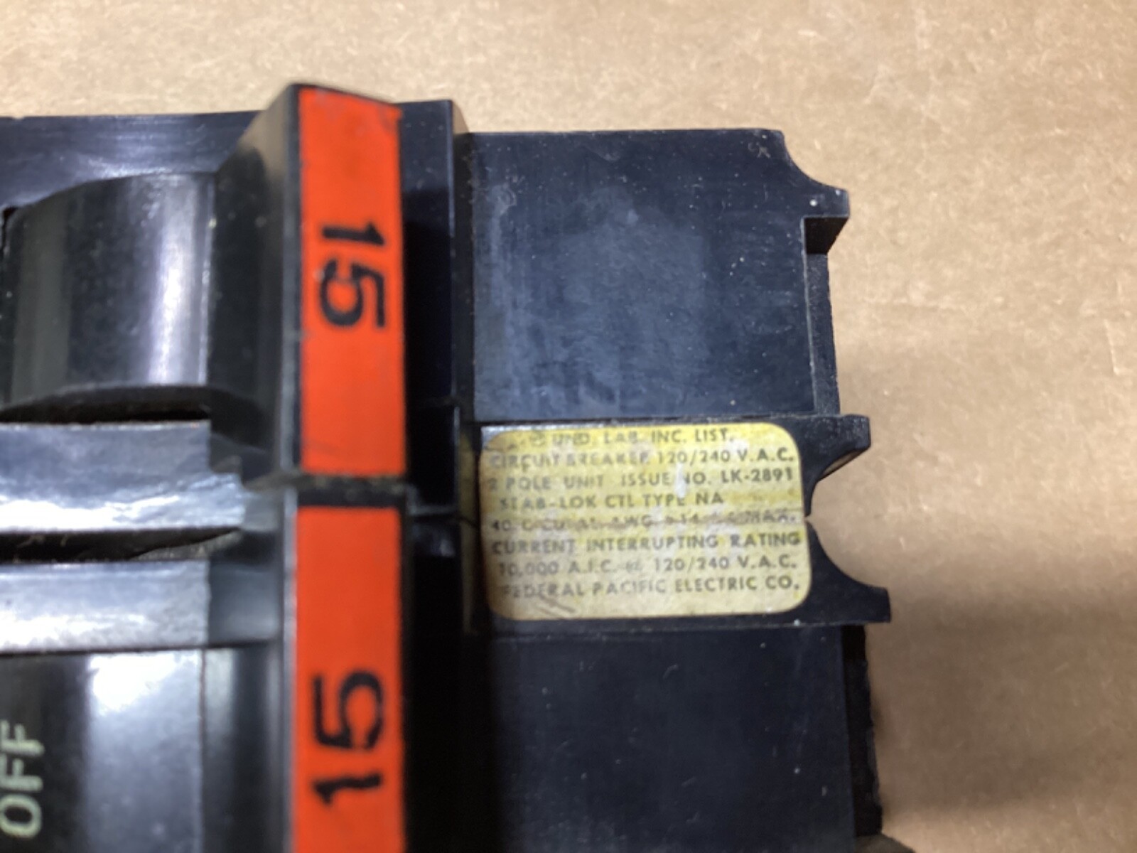 FPE Federal Pacific NA215 2P 15A 240V Stab-Lok Circuit Breaker #104F302*CO