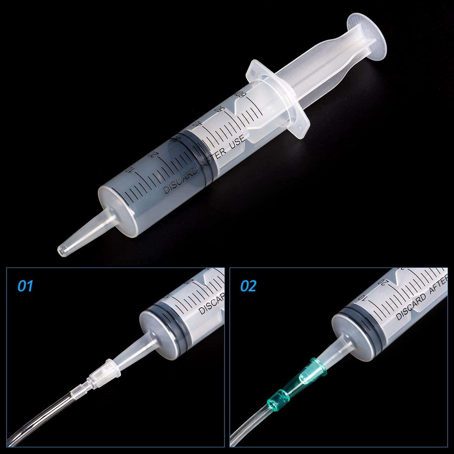 60ml/cc Syringes with Tube 40 Inch Handy Plastic Tubing and Adapter Tip | for Li