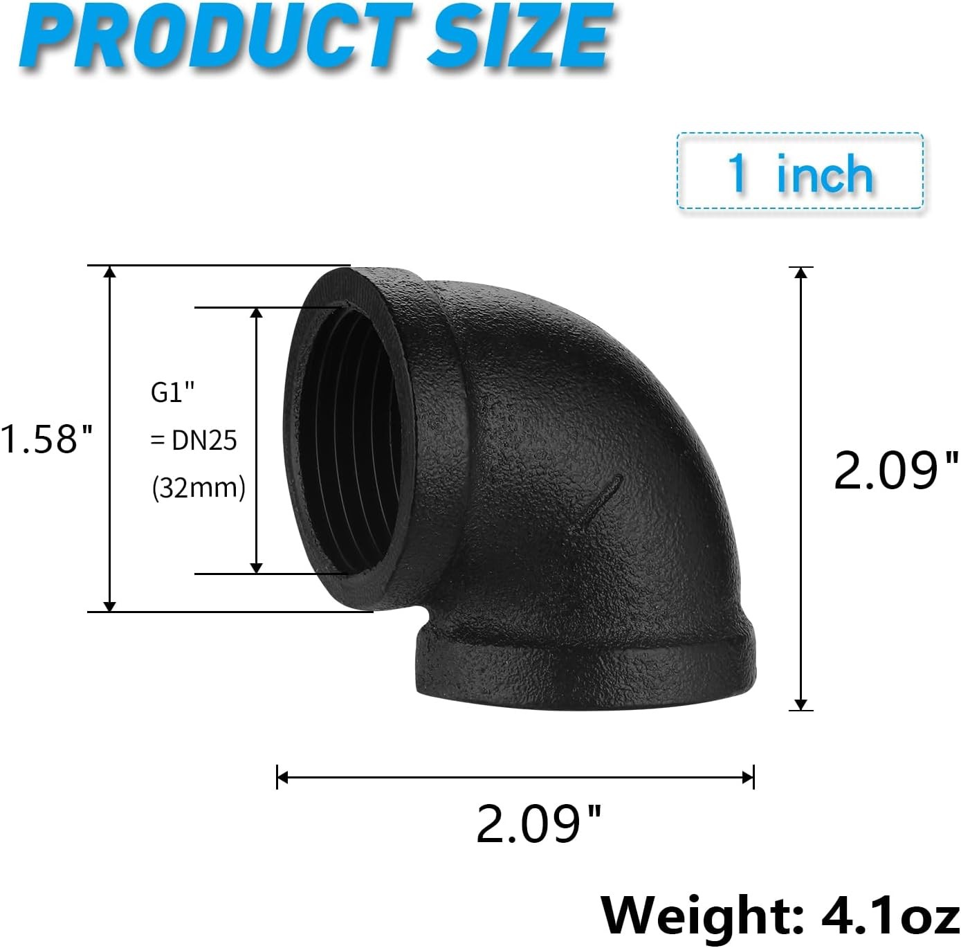 1″ Black Pipe Elbow, 10 Pack Threaded Cast Malleable Iron Fitting