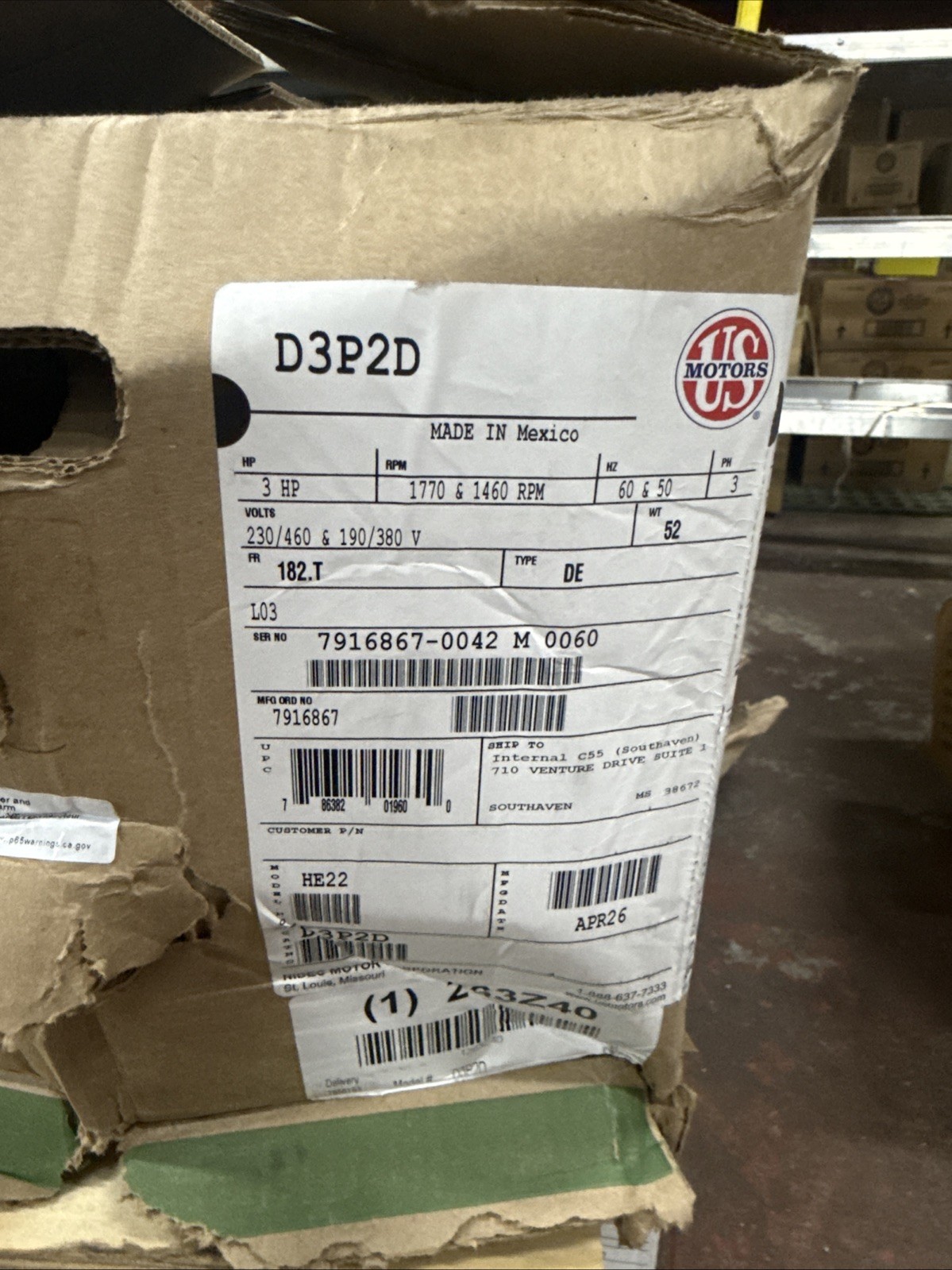 US Motors D3P2D General Purpose Motor, 3HP, 1800RPM, 208-230/460V, 182T Frame