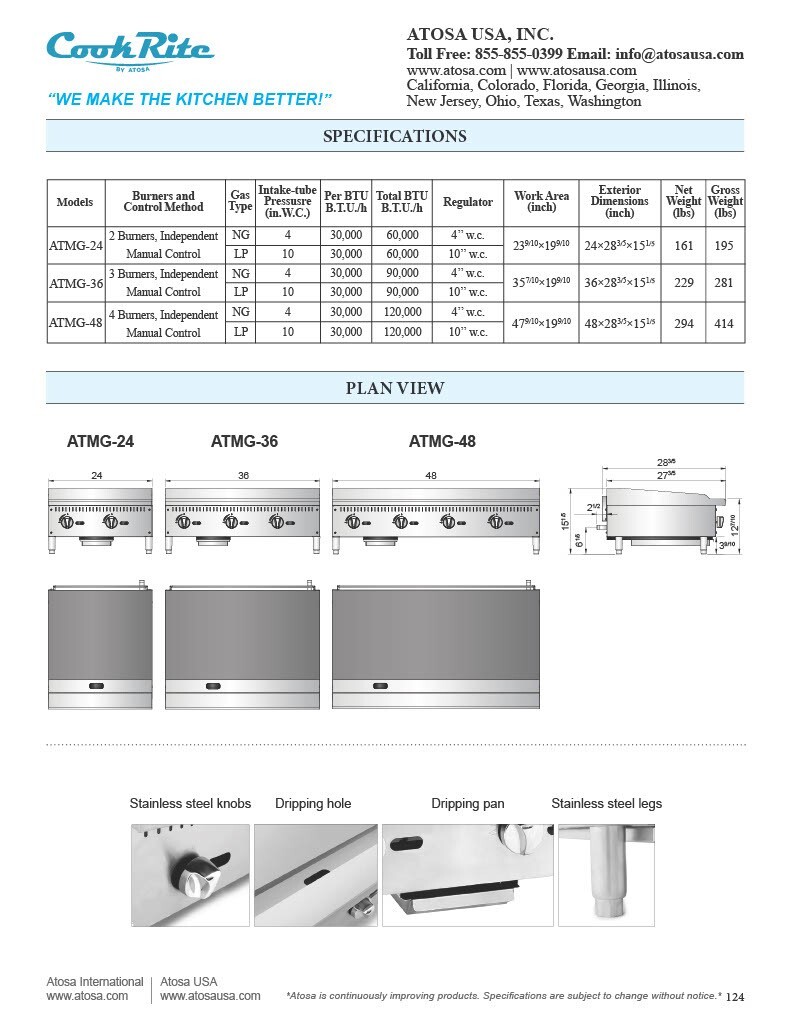 Atosa ATMG-48-LP 48″ WIDE GRIDDLE PROPANE