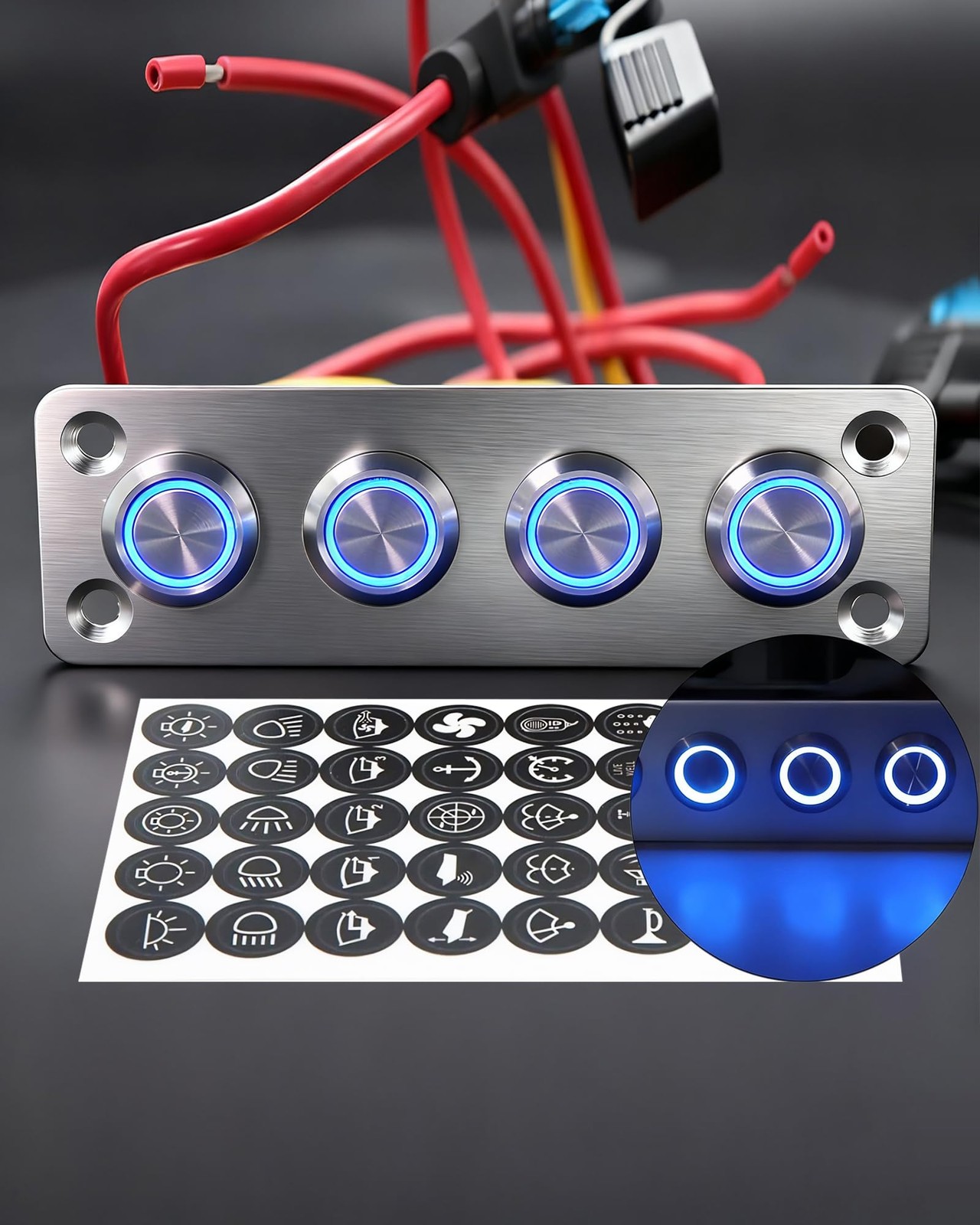 4 Gang Aluminum Marine Rocker Switch Panel, Pre-Wired, Blue LED, 12-24V, Yacht