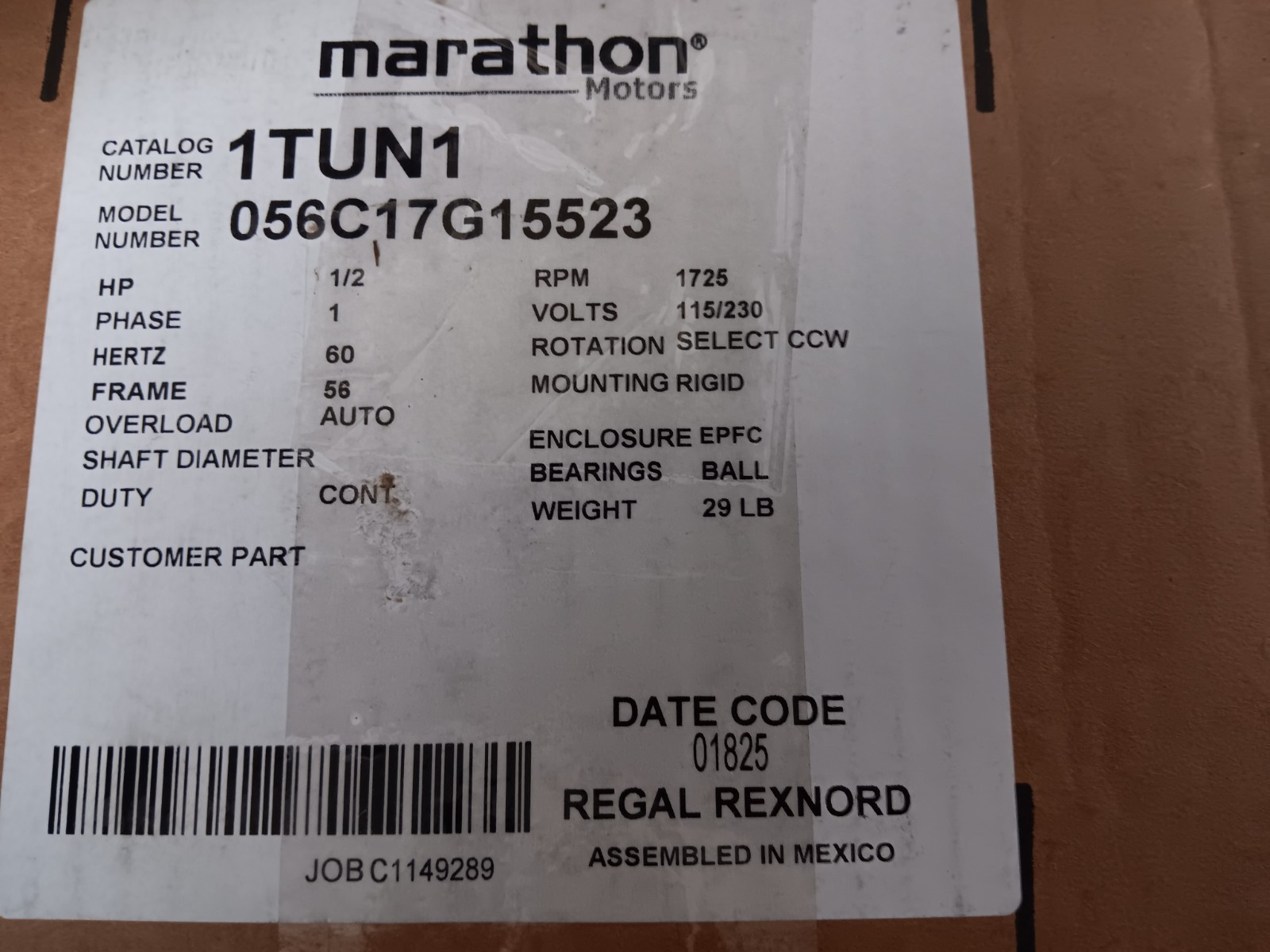 MARATHON MOTOR EXPLOSION PROOF MODEL#056T11G15523,1 /2HP