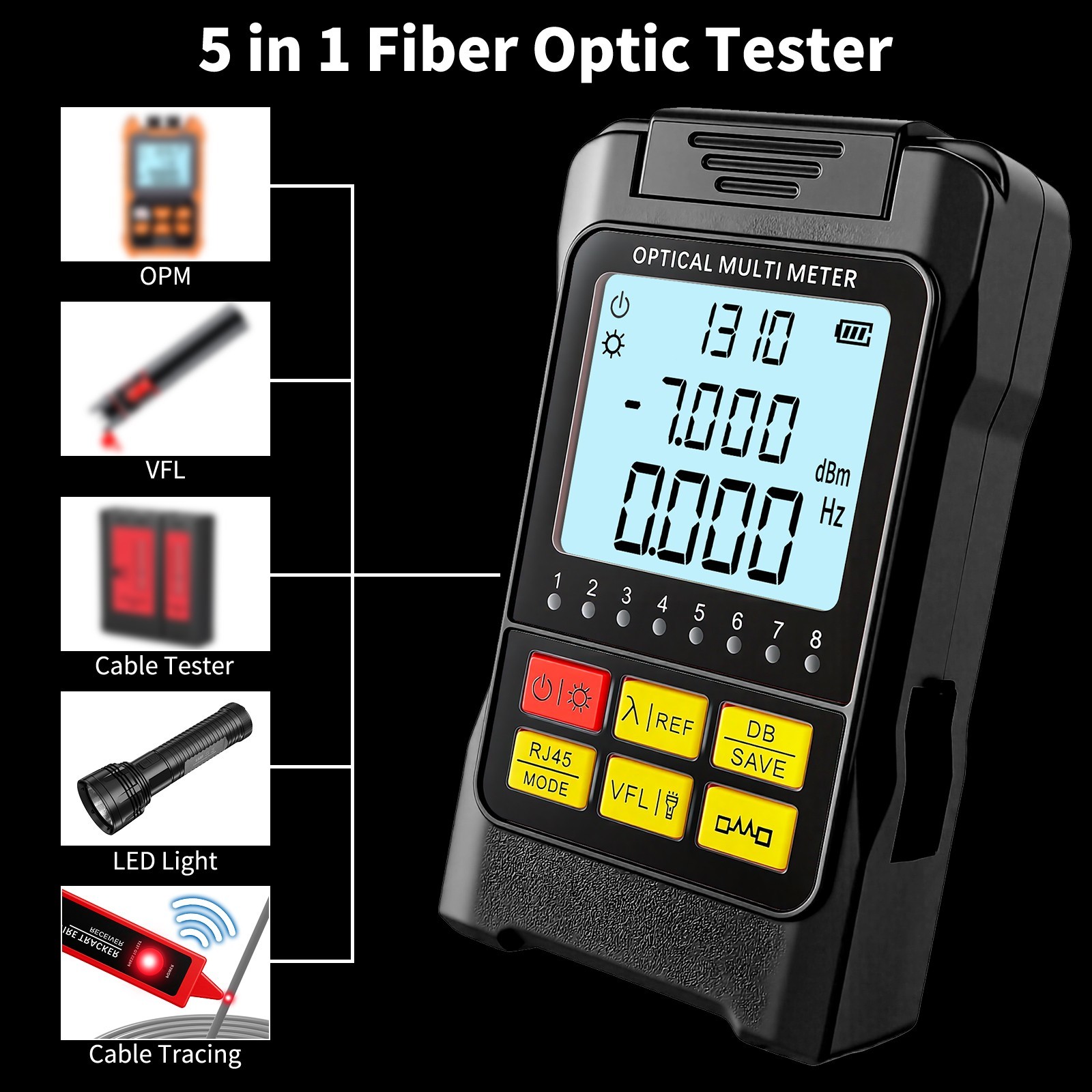 Rechargeable 5-in-1 Fiber Optic Cable Tester OPM VFL RJ45 SC/FC/ST LC