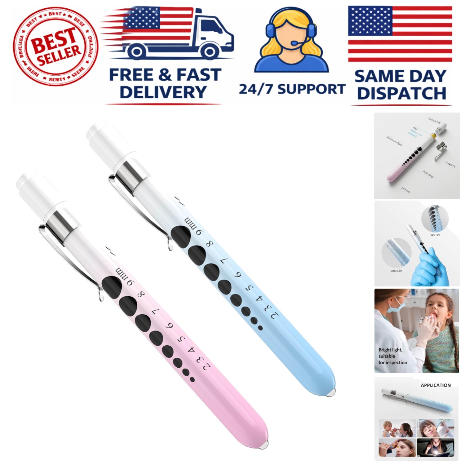 2 Pcs LED Penlights with Pupil Gauge – Durable Aluminum, Gradient Pink & Blue