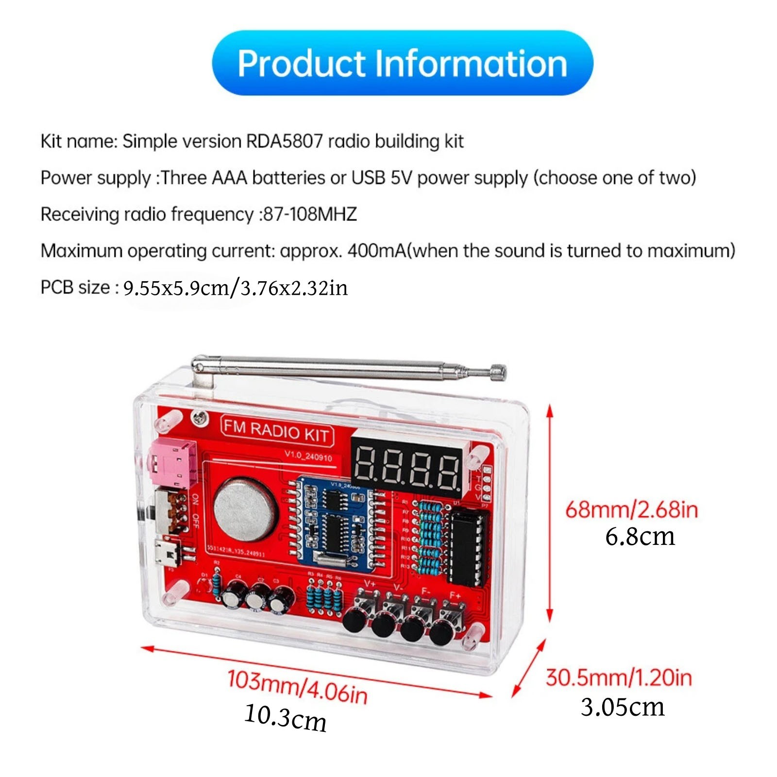 Educational RDA5807 FM Radio DIY Kit 87-108MHz with 15 Sound Level Adjustments