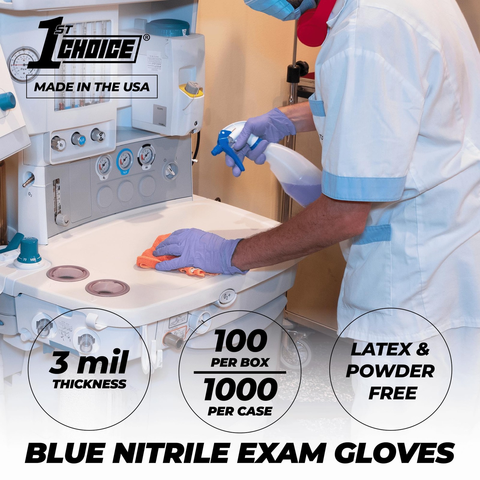 1st Choice 3 Mil Indigo Blue Nitrile Disposable Exam Gloves Medium,
