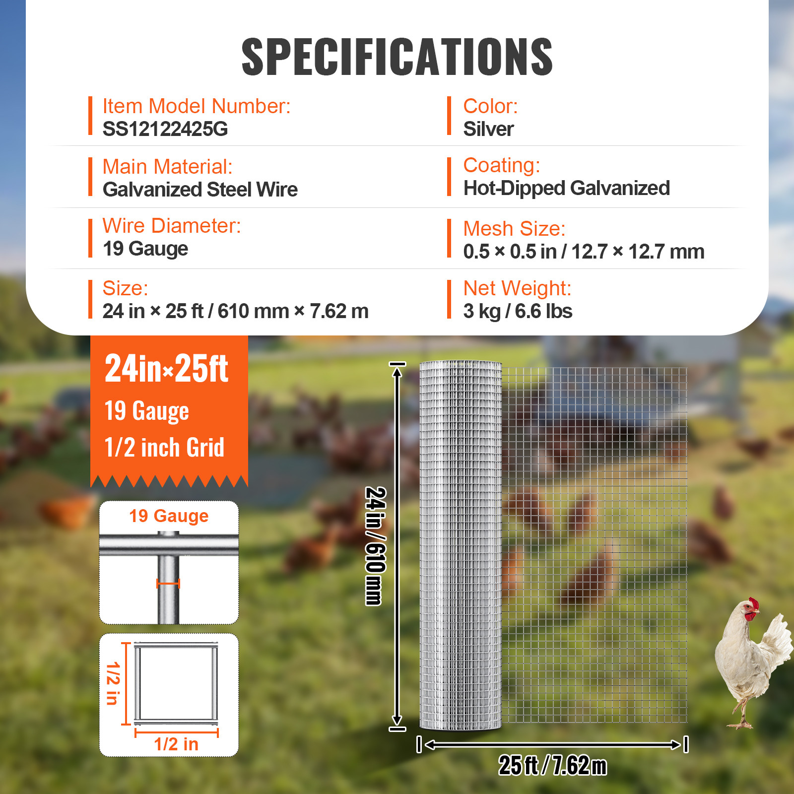 VEVOR Hardware Cloth 1/2″ 24in x 25ft 19 Ga Wire Mesh Roll Chicken Wire Fencing