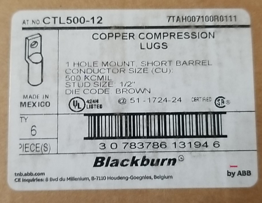 6 BlackBurn Copper Compression Lugs 1 Hole Short Barrel CTL500-12 500 kcmil Wire