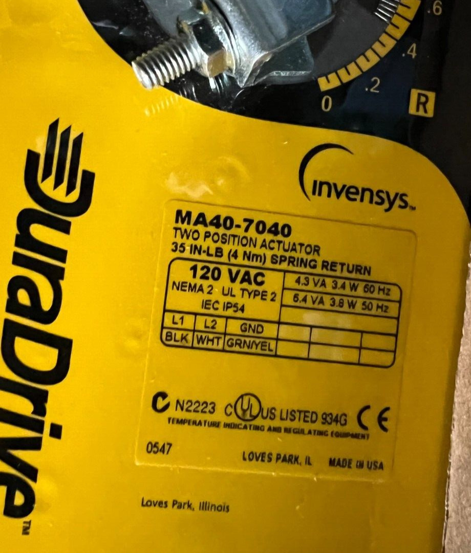 Invensys MA40-7040 Duradrive 2 Position Actuator 35 IN-LB Spring Return 120V F29