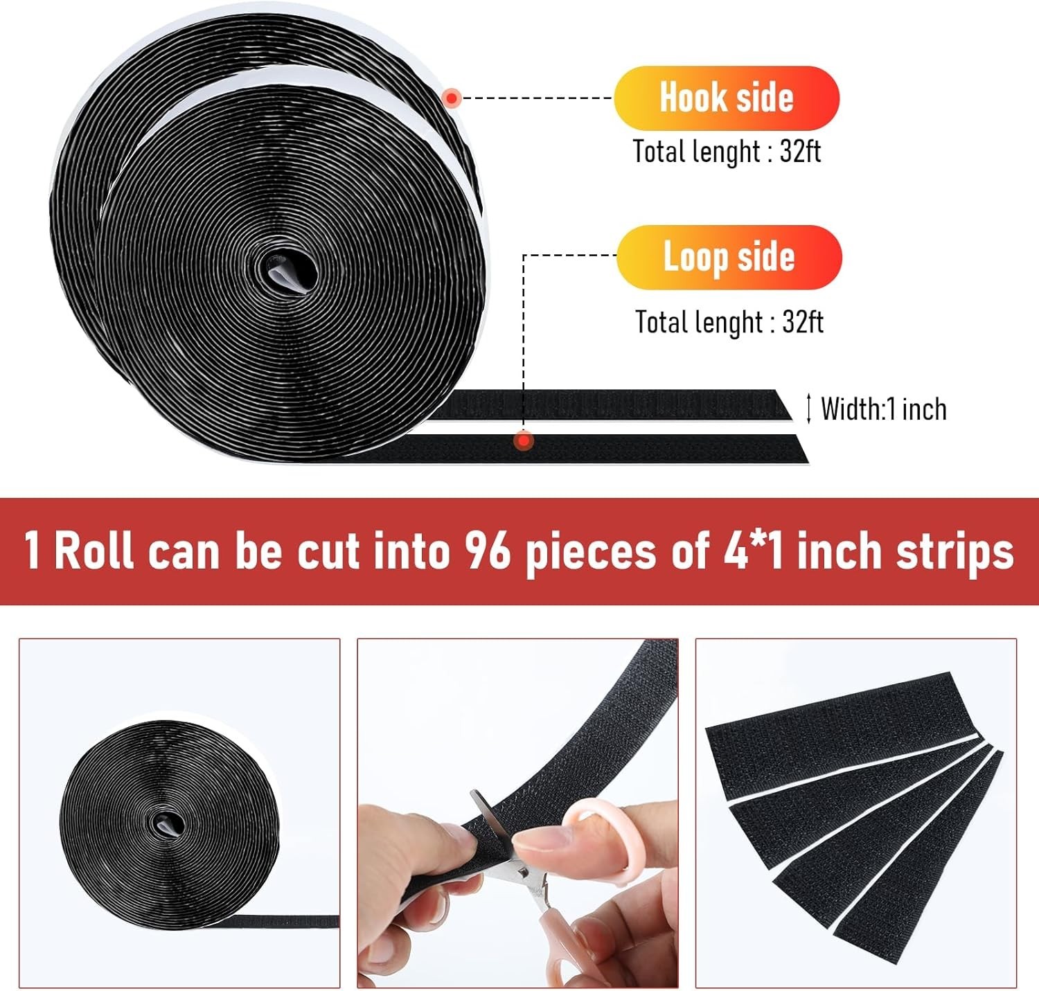 32Ft *1 inch Strong Sticky Back Heavy Duty Hook and Loop Tape Adhesive